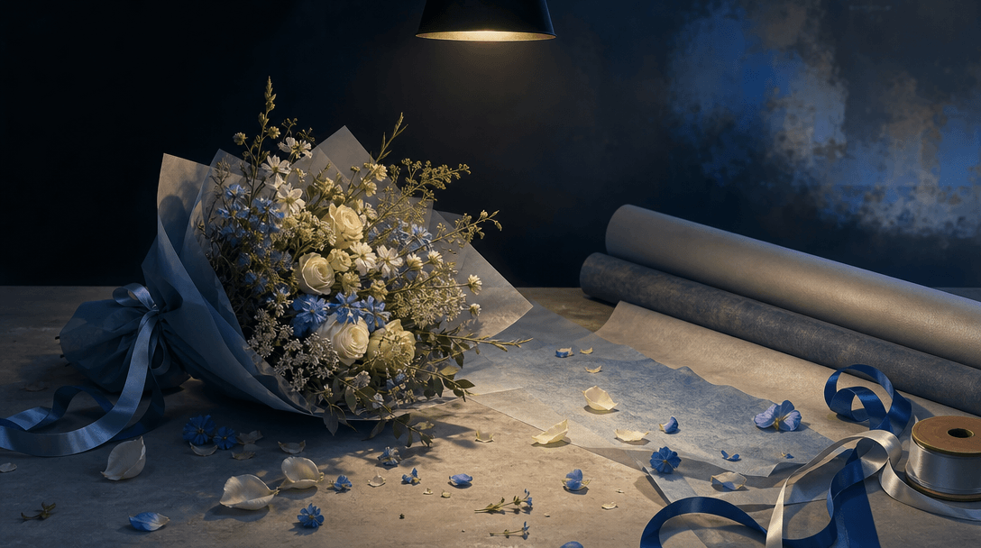 A florist worktable reduced to essential materials: one finished bouquet, textured paper, ribbon, and scattered petals b