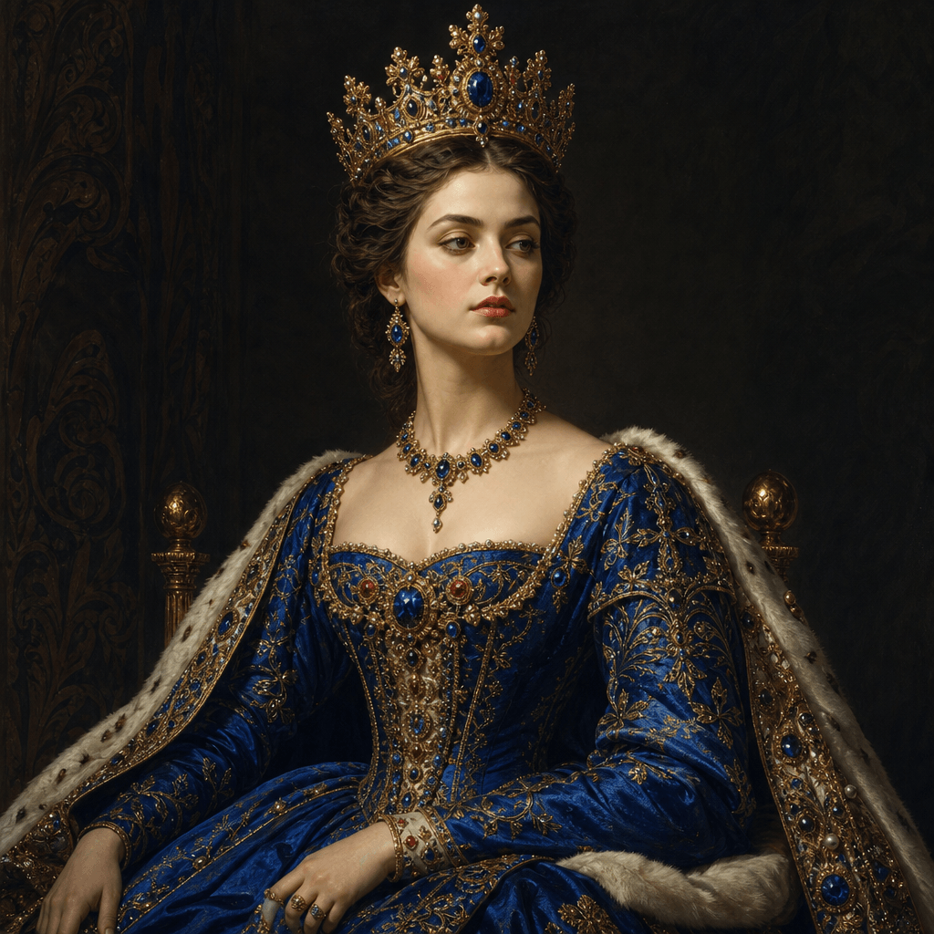 Royal queen portrait with glittering golden crown and regal royal blue gown adorned with jewels, renaissance painting st