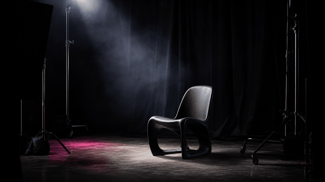 A dark editorial photography studio prepared for a premium portrait session, empty sculptural chair, black fabric backdr