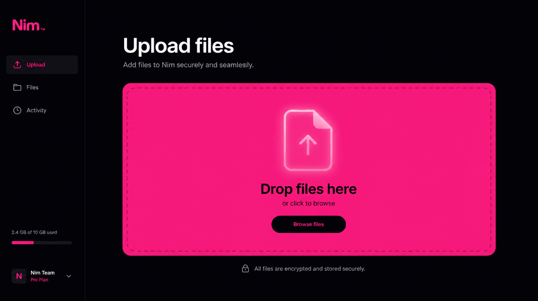 Minimalist upload interface concept in Nim brand style: deep dark background (#0A0A0F), large hot pink upload zone with