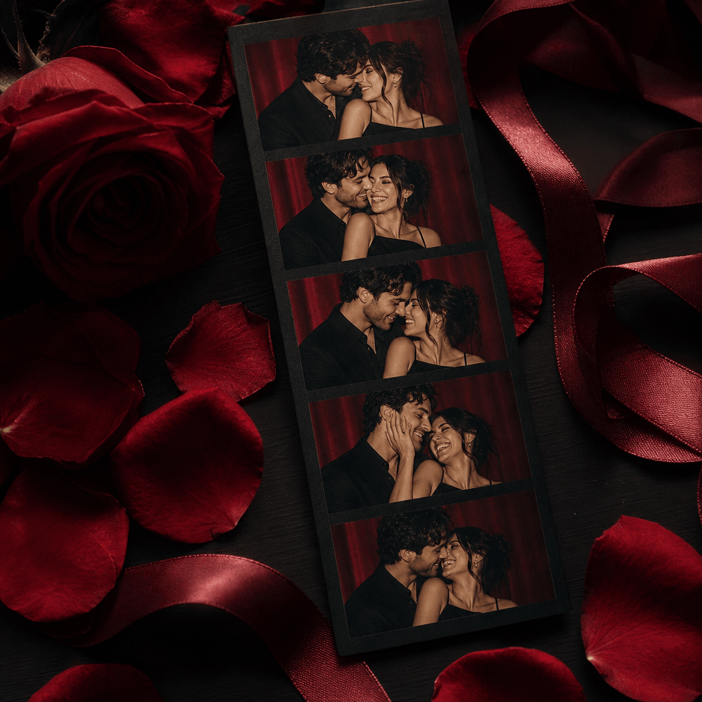 A dreamy six-frame couple photo strip arranged beside rose petals and a satin ribbon on a dark tabletop, each image show