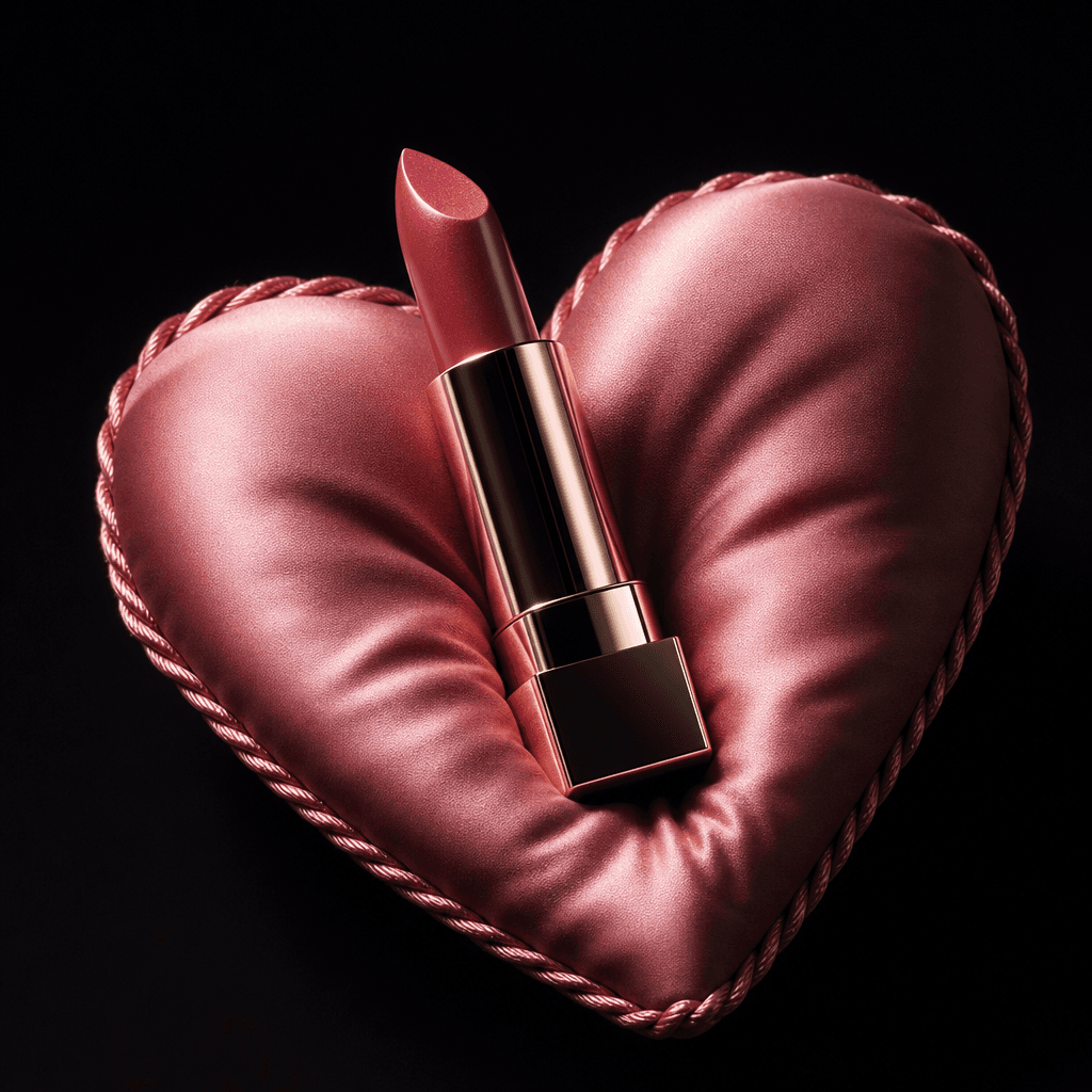A polished lipstick tube nestled into a rose-pink heart-shaped silk pillow, dark editorial beauty campaign, cinematic si