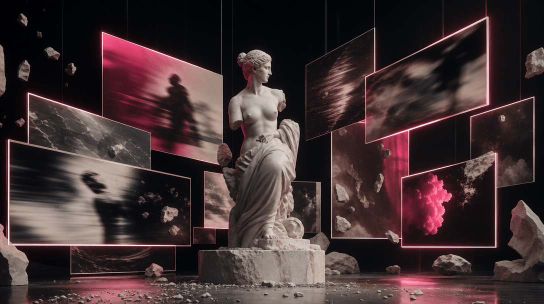 A marble sculpture surrounded by suspended cinematic frames made from light, each frame suggesting a different atmospher