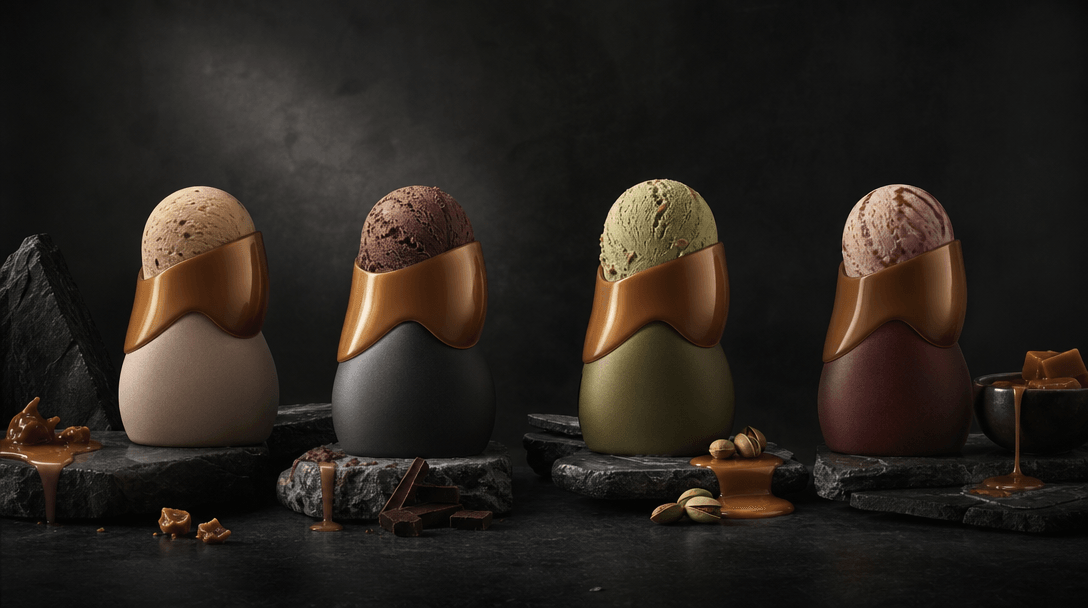 Four coordinated beauty still-life scenes merging into one continuous dark editorial panorama, each featuring the same a