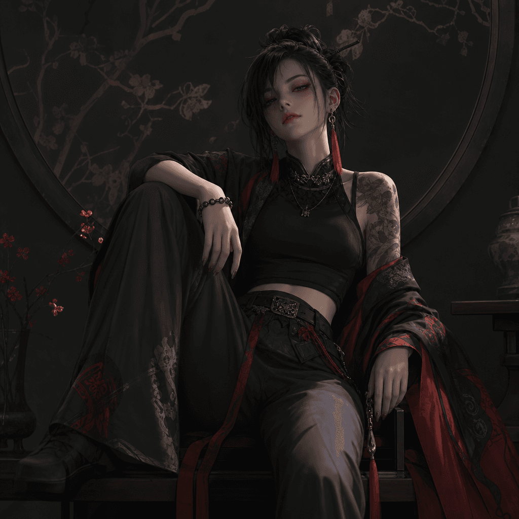 Stylized character in relaxed sitting pose, artistic composition with moody cinematic lighting, sophisticated dark backg
