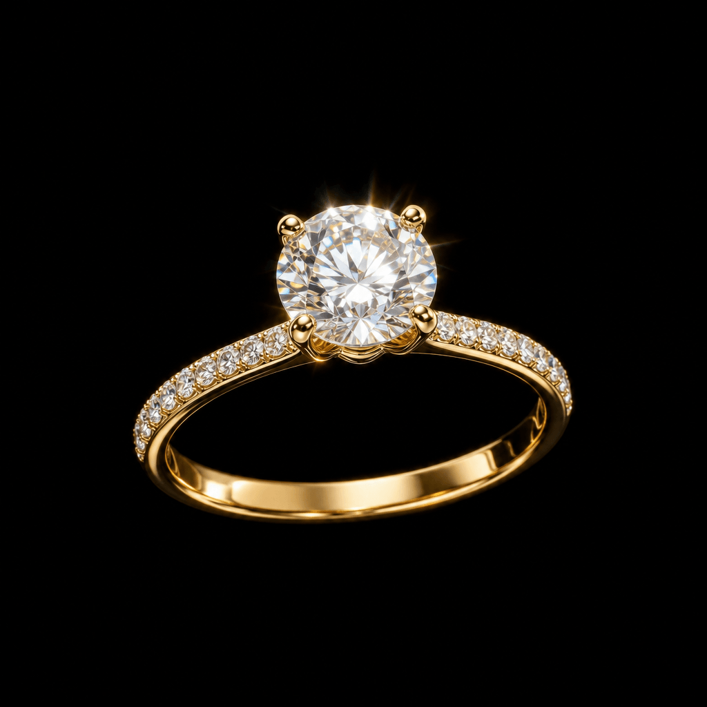 Luxury diamond engagement ring rotating slowly in mid-air with professional studio lighting, warm spotlights creating br