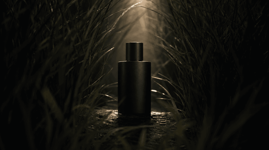 A single product silhouette illuminated through a narrow clearing in dense grass, foreground softly blurred and subject