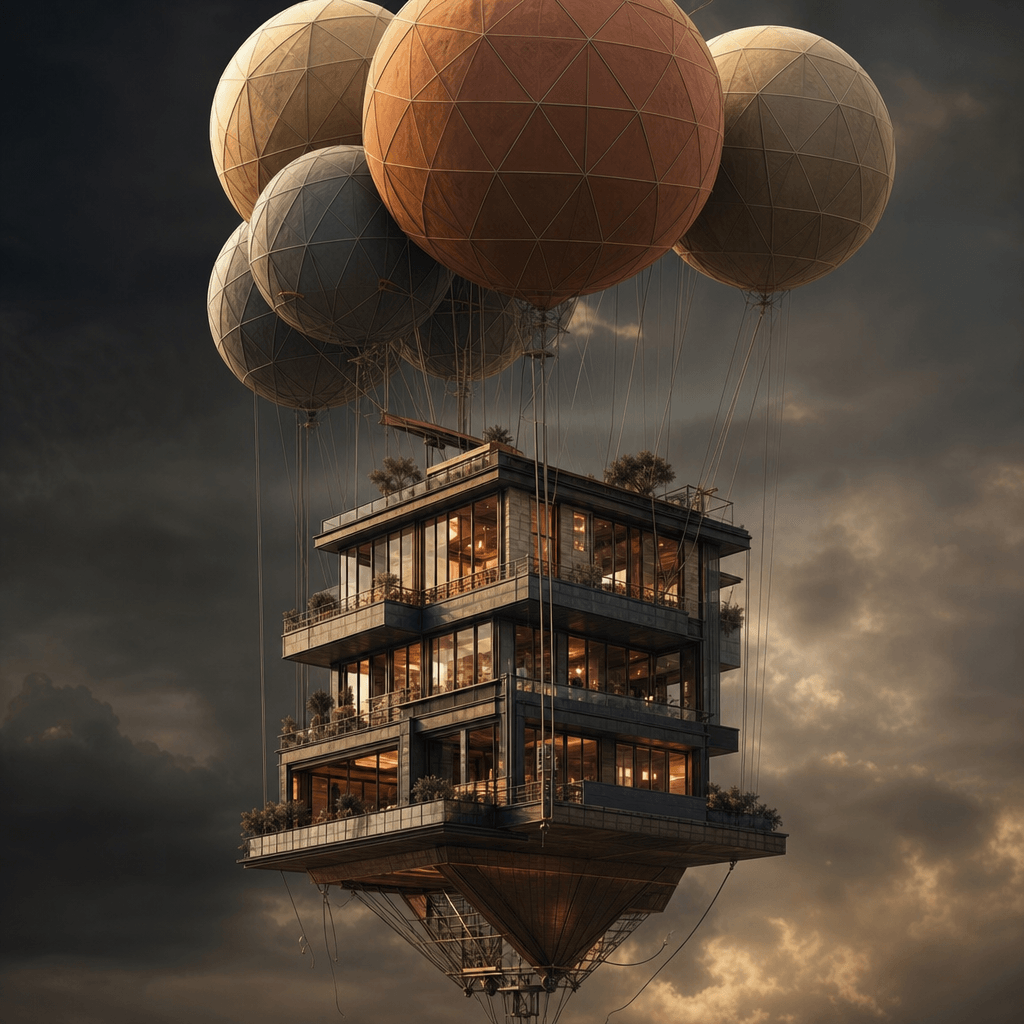 Luxury penthouse tower carried by large geometric balloons in muted earth tones and terracotta hues. Dark moody atmosphe