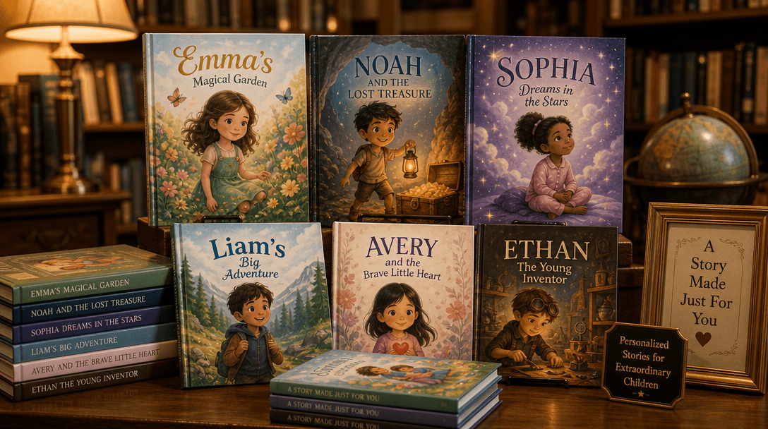 Printed storybooks display: Multiple personalized storybook covers stacked and displayed showing different art styles an