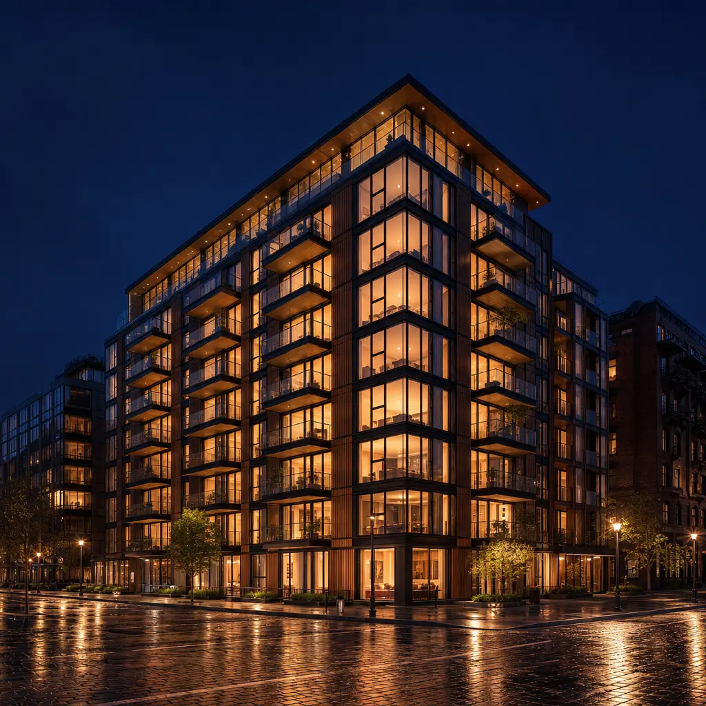 Contemporary urban apartment building at night, every floor lit warmly from within against a deep indigo sky, wet cobble
