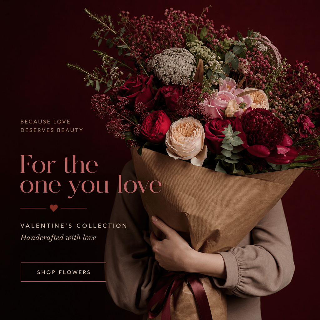 Square romantic flower delivery campaign with an anonymous model embracing an oversized bouquet wrapped in textured kraf