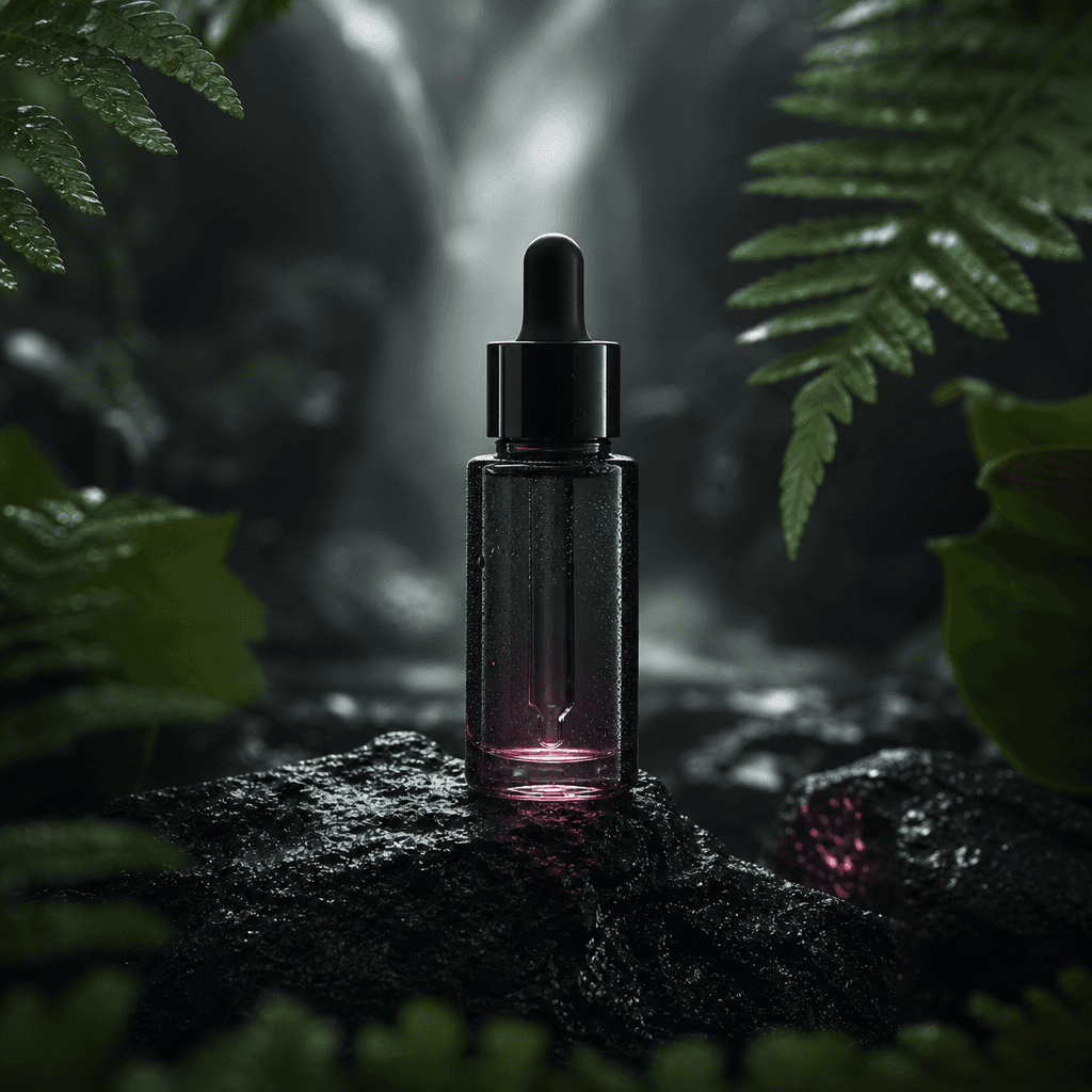 A minimalist skincare serum bottle on wet volcanic stone, framed by blurred fern leaves and soft rainforest mist. Dark e