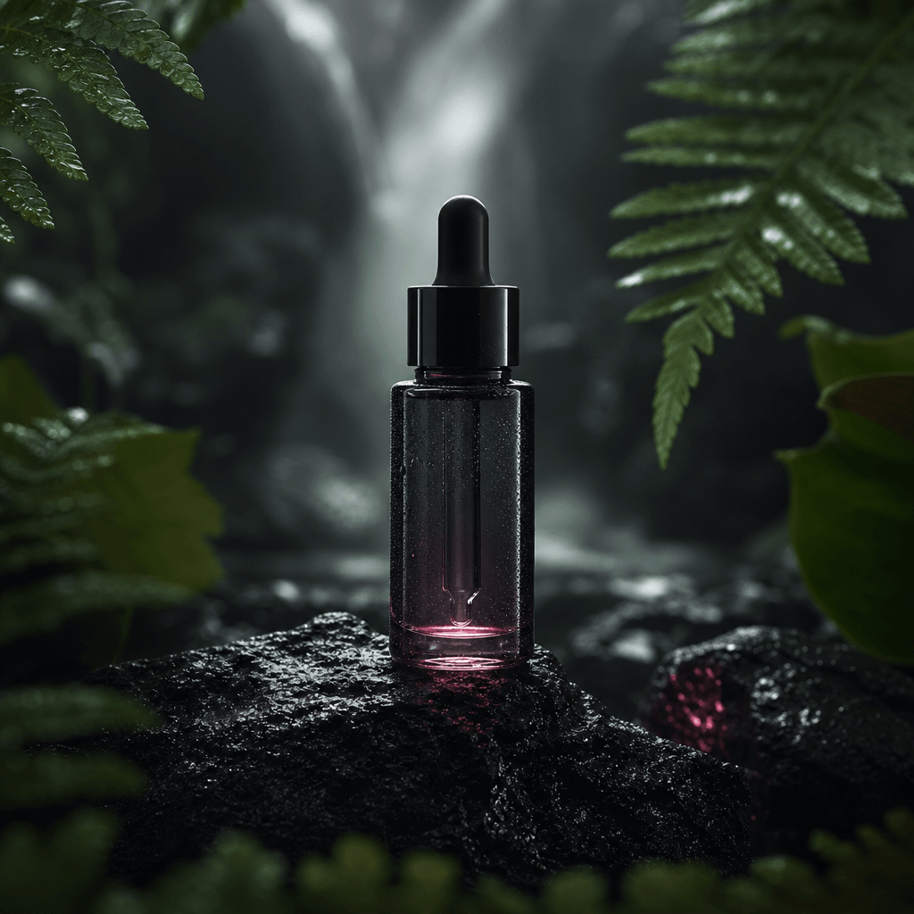 A minimalist skincare serum bottle on wet volcanic stone, framed by blurred fern leaves and soft rainforest mist. Dark e