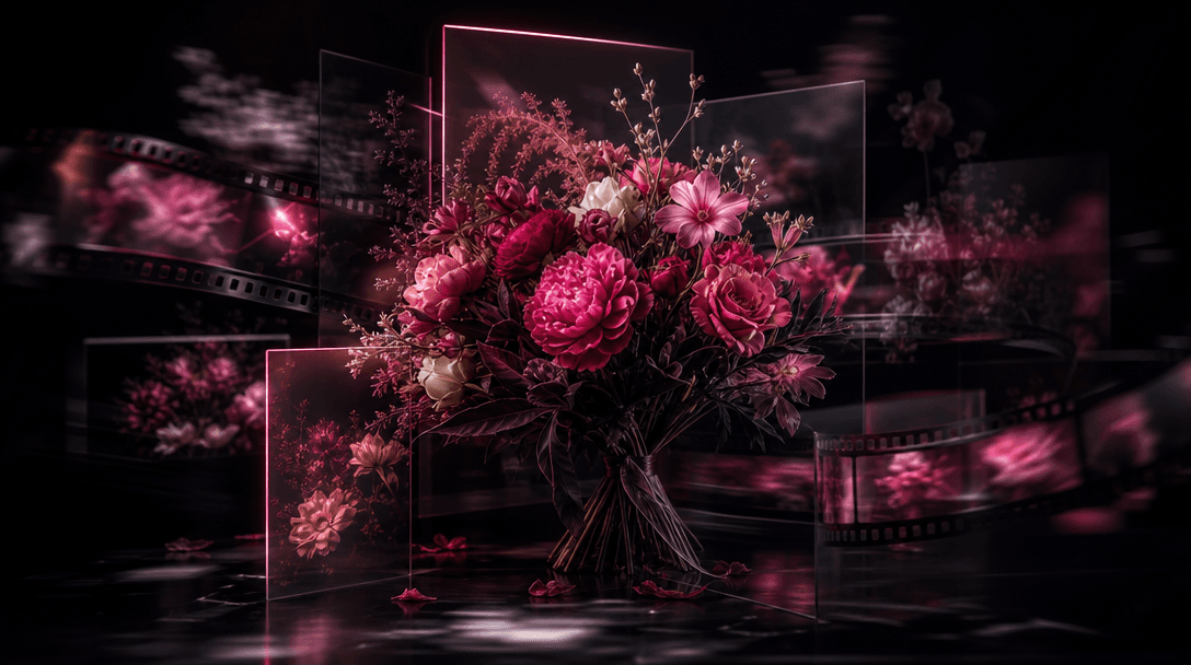 A bouquet surrounded by abstract frames of light, blurred floral silhouettes, and subtle strips of moving film, symboliz