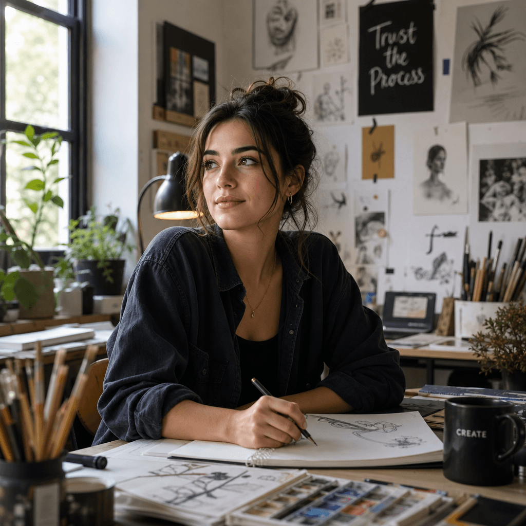 Aged-up child as an artist or designer in creative studio workspace, surrounded by art supplies and creative tools, soft