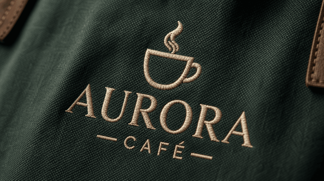 Close-up of café logo embroidered on premium fabric, detail texture shot, branding focus, professional textile photograp
