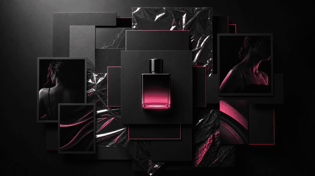 A beauty bottle at the center of a modular campaign scene with layered square cards, reflective film, dark paper, and su