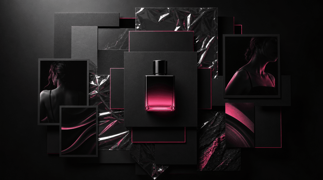 A beauty bottle at the center of a modular campaign scene with layered square cards, reflective film, dark paper, and su
