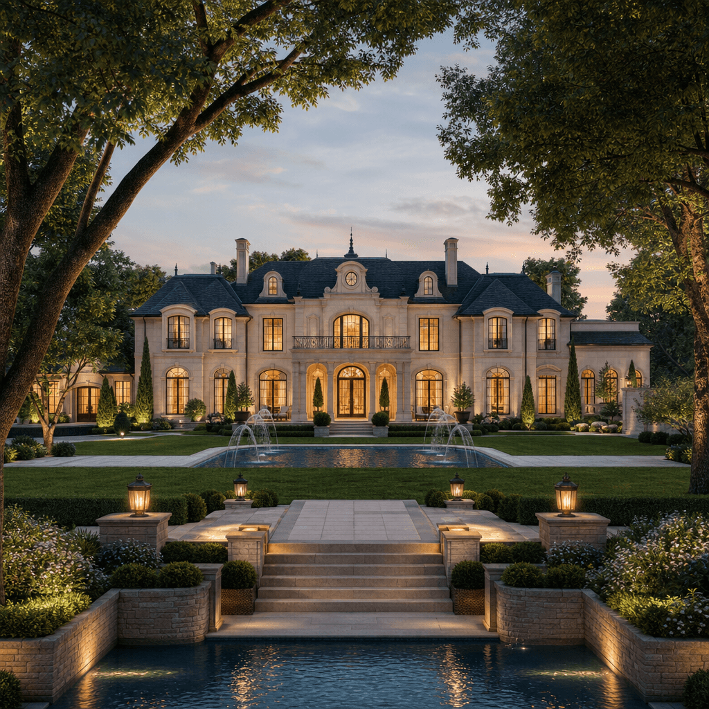Luxury residential architecture with estate landscape. Large trees, manicured lawn, water features, building as centerpi