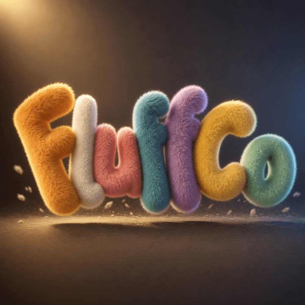 Animated fluffy logo text bouncing with natural physics, warm highlights and cool shadows creating depth. Cinema lightin