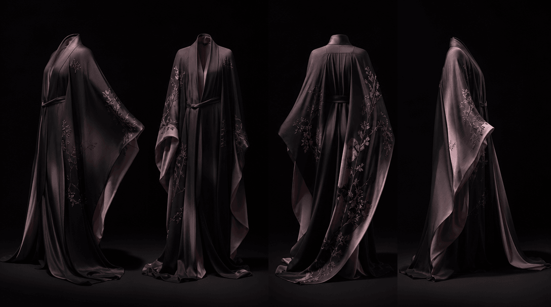 Four flowing fabric panels arranged around an invisible central form, each revealing a different angle of the same garme