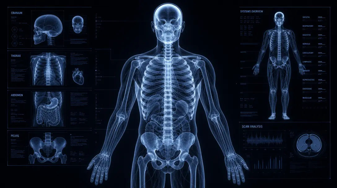 Abstract X-ray visualization concept, glowing skeleton outline, transparent layers revealing internal structure, lumines
