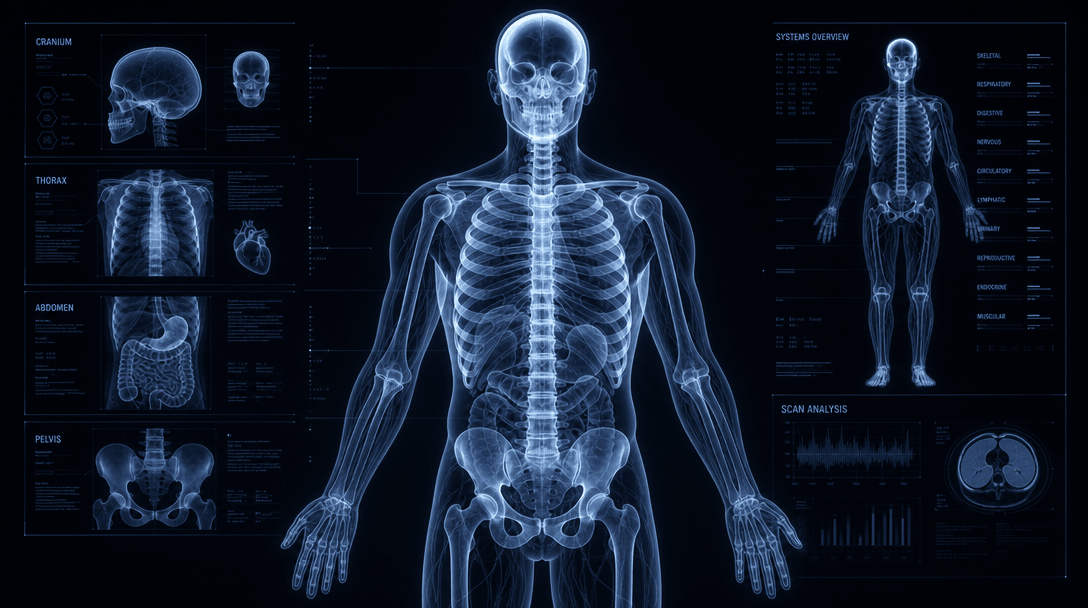Abstract X-ray visualization concept, glowing skeleton outline, transparent layers revealing internal structure, lumines