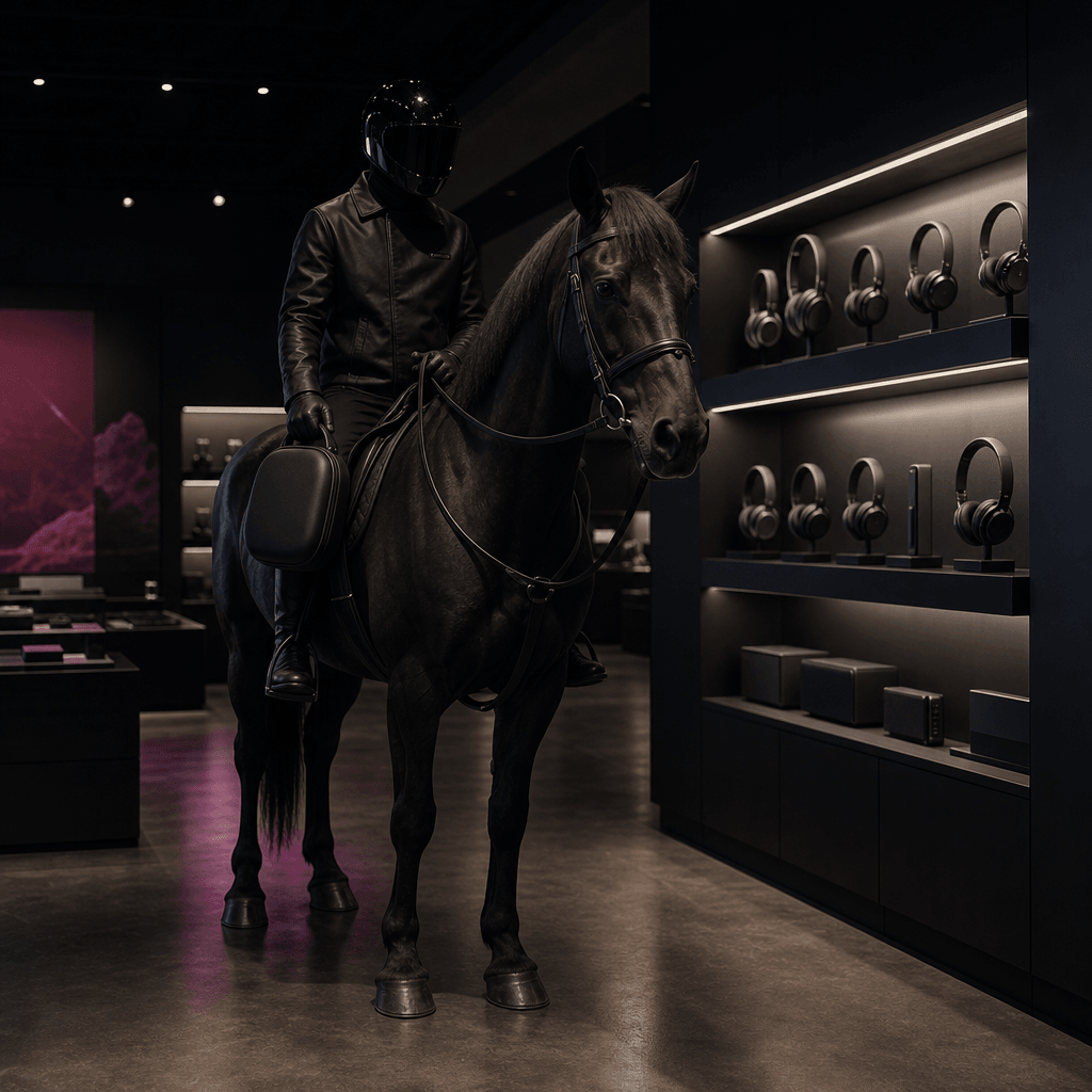 Square surreal advertising scene in a modern electronics store, a horse and anonymous rider paused beside illuminated sh
