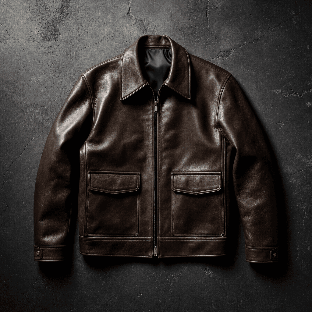 AI-generated fashion editorial: a structured leather jacket laid flat on a dark textured concrete surface, cinematic ove
