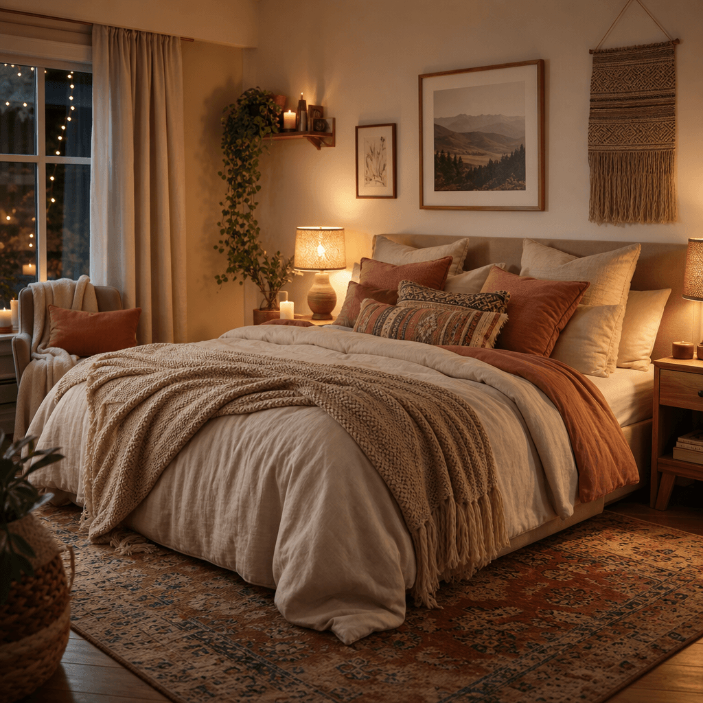 Cozy bedroom with soft warm lighting and textile decor. Comfortable bed with layered pillows and throws. Inviting relaxa