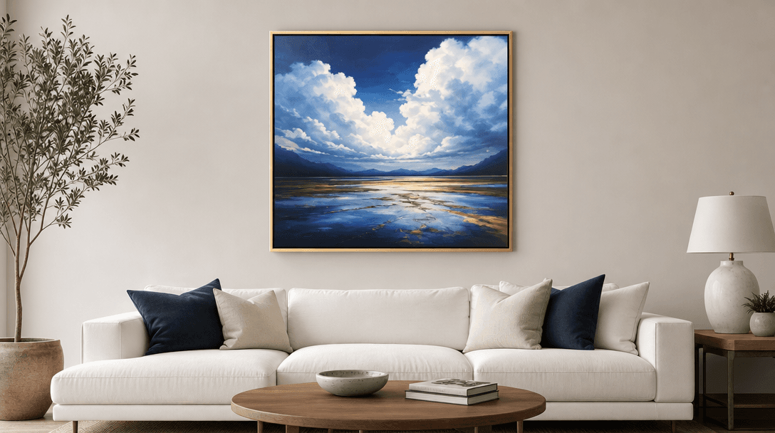 Professional interior mockup with artwork perfectly displayed, studio-grade lighting and composition, e-commerce quality