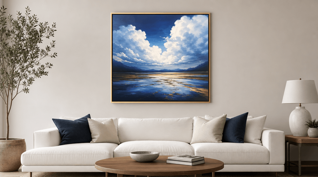 Professional interior mockup with artwork perfectly displayed, studio-grade lighting and composition, e-commerce quality
