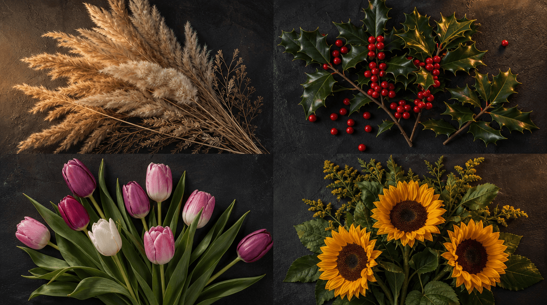Flat-lay botanical mood board: four distinct seasonal floral elements — dried pampas grass, holly and red berries, fresh