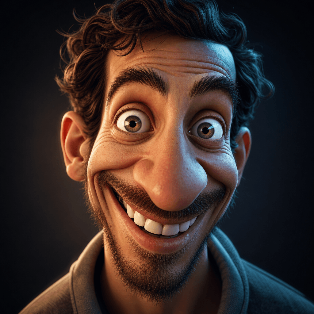 Close-up of a 3D caricature portrait with exaggerated features—enlarged eyes, stretched smile, prominent nose. Cinematic