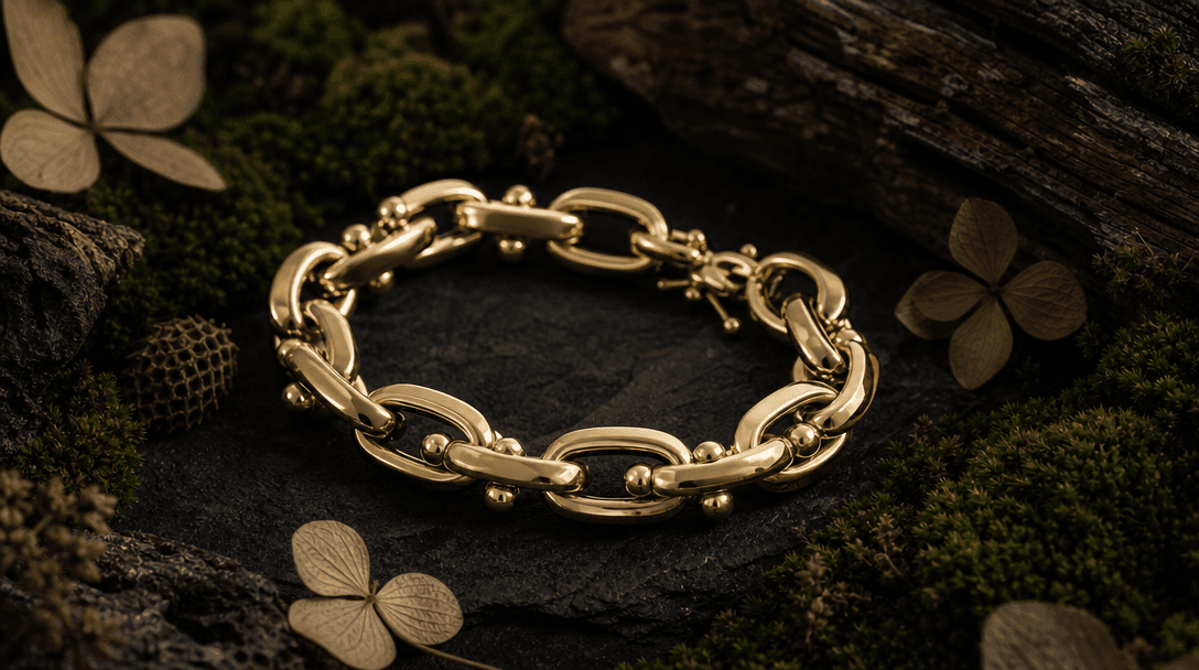 Close-up product shot of a polished gold bracelet on a deep editorial dark surface, illuminated by a single soft side-li