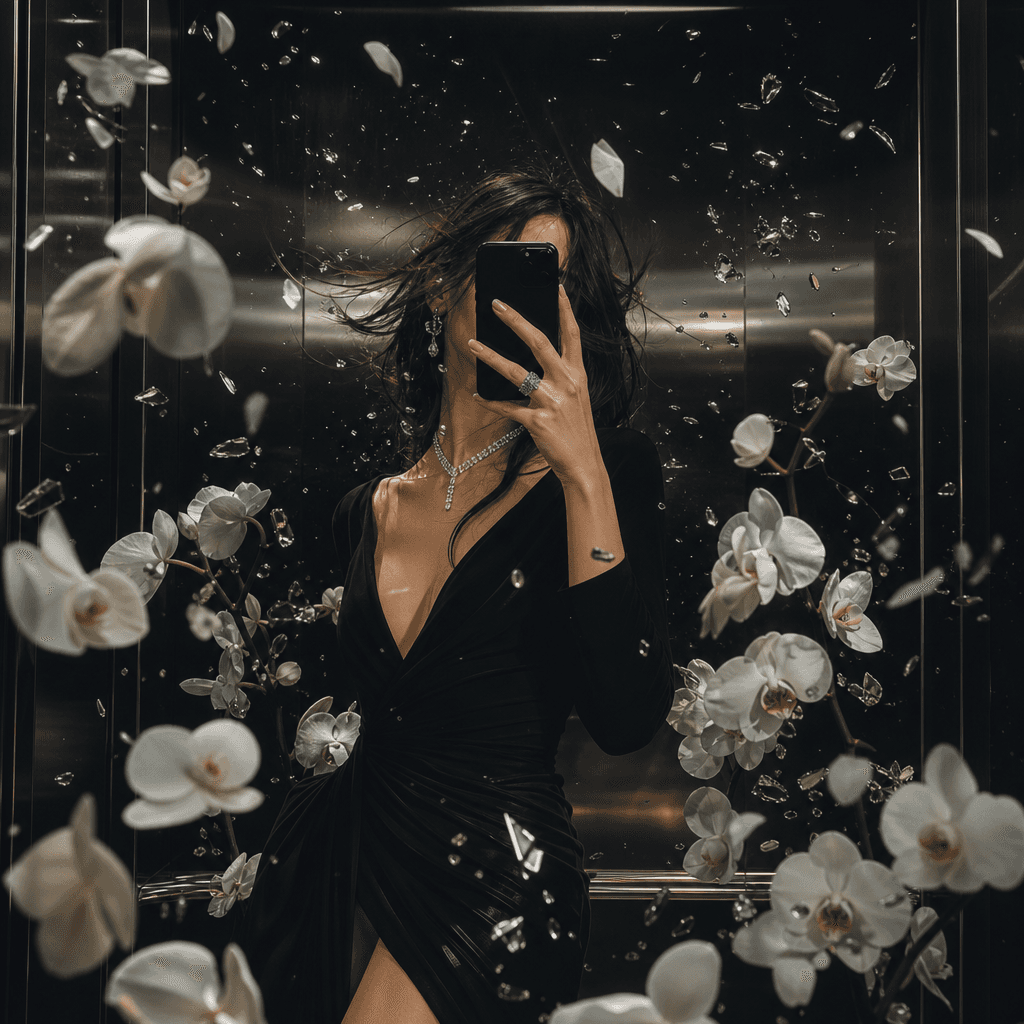 A luxury evening-look elevator portrait surrounded by a sudden burst of pale orchids and silver fragments, anonymous sub