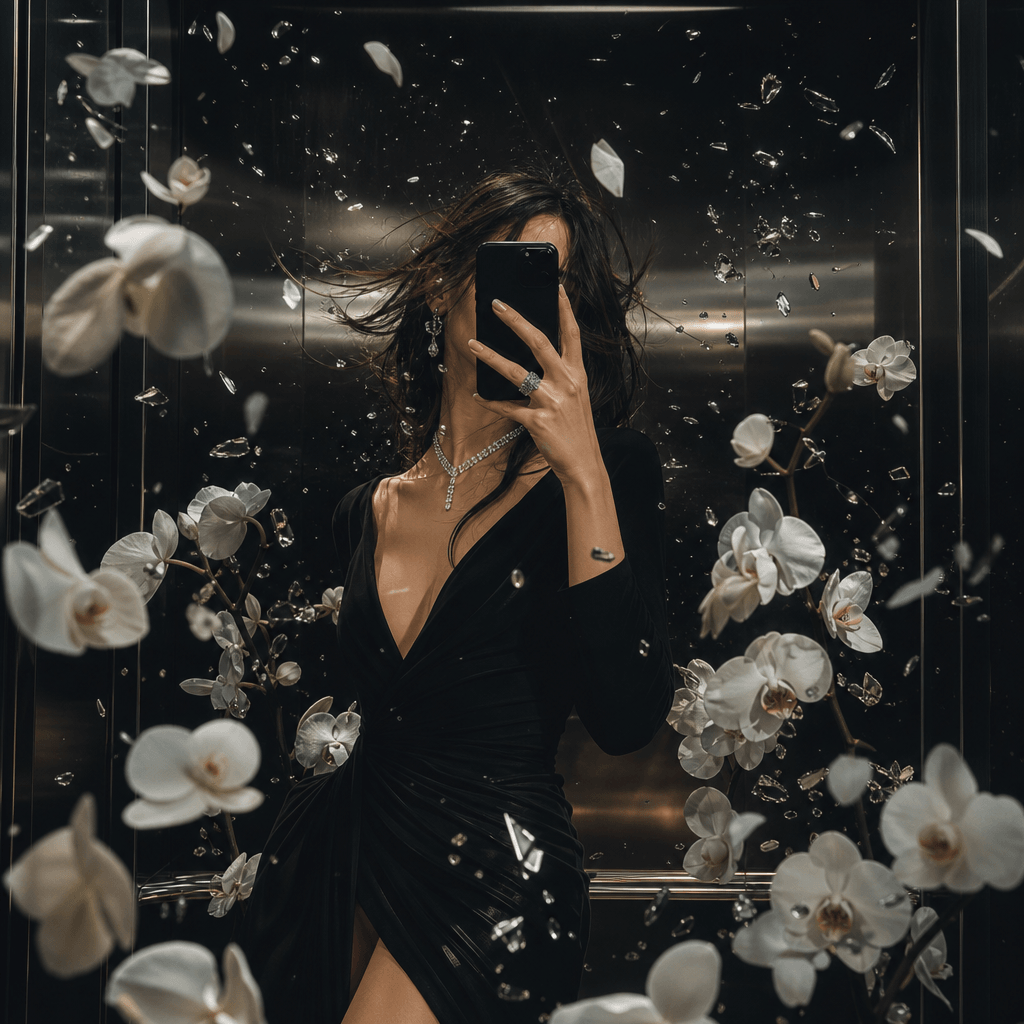 A luxury evening-look elevator portrait surrounded by a sudden burst of pale orchids and silver fragments, anonymous sub