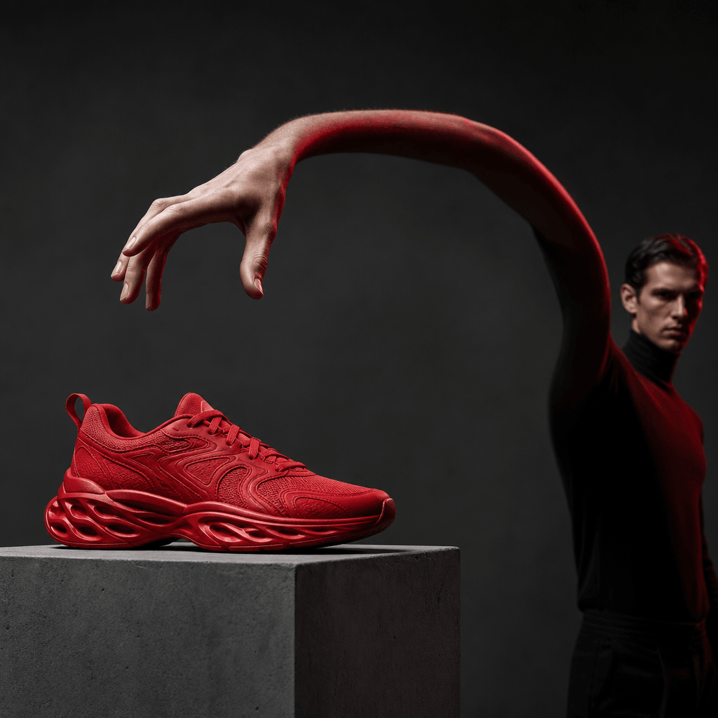 A vivid red sneaker displayed on a sharp concrete plinth while an extra-long arm curves through a minimal charcoal studi