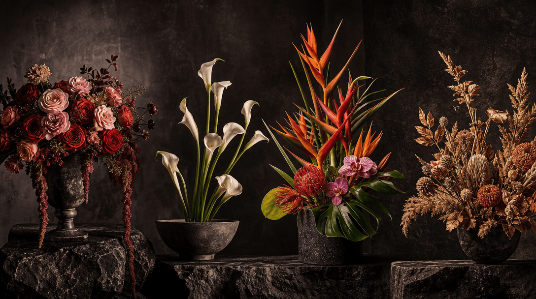 Four distinct floral arrangements sharing one dramatic studio environment: romantic roses, minimalist calla lilies, vivi