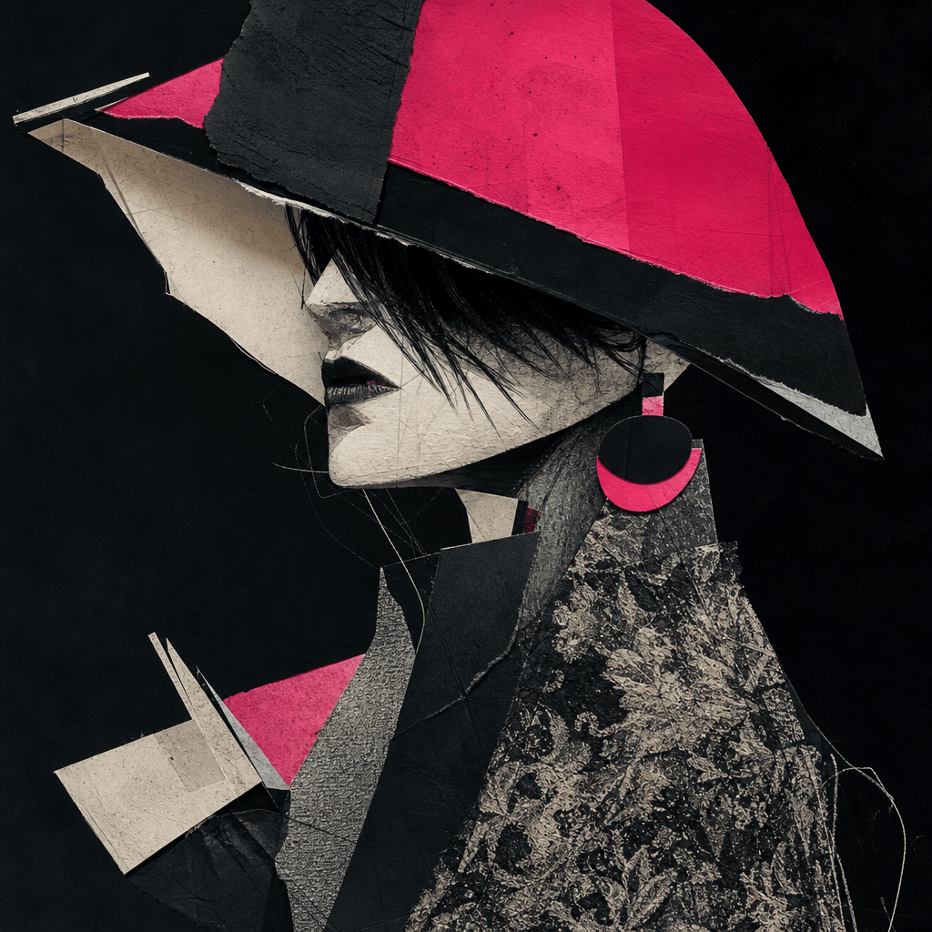 An original fashion portrait interpreted as an experimental mixed-media cartoon, combining cut paper shapes, charcoal li