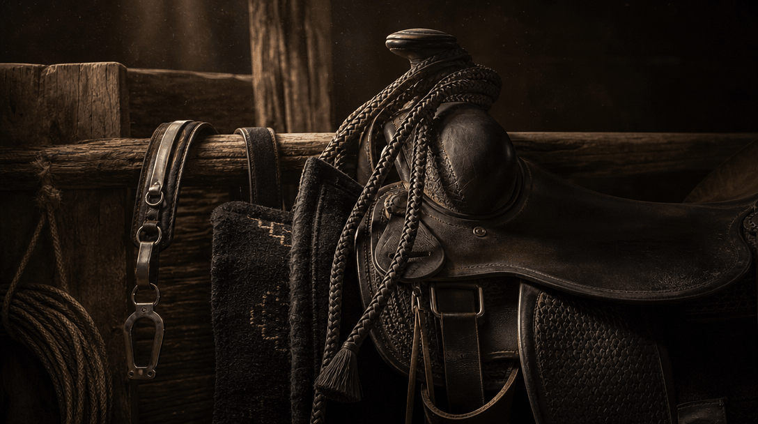 Atmospheric close-up of a dark saddle, braided reins, brushed metal hardware, black wool, and weathered timber arranged