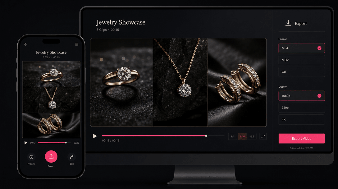 Animated triptych video displayed on smartphone and desktop displays, jewelry video playing with motion effect, minimal