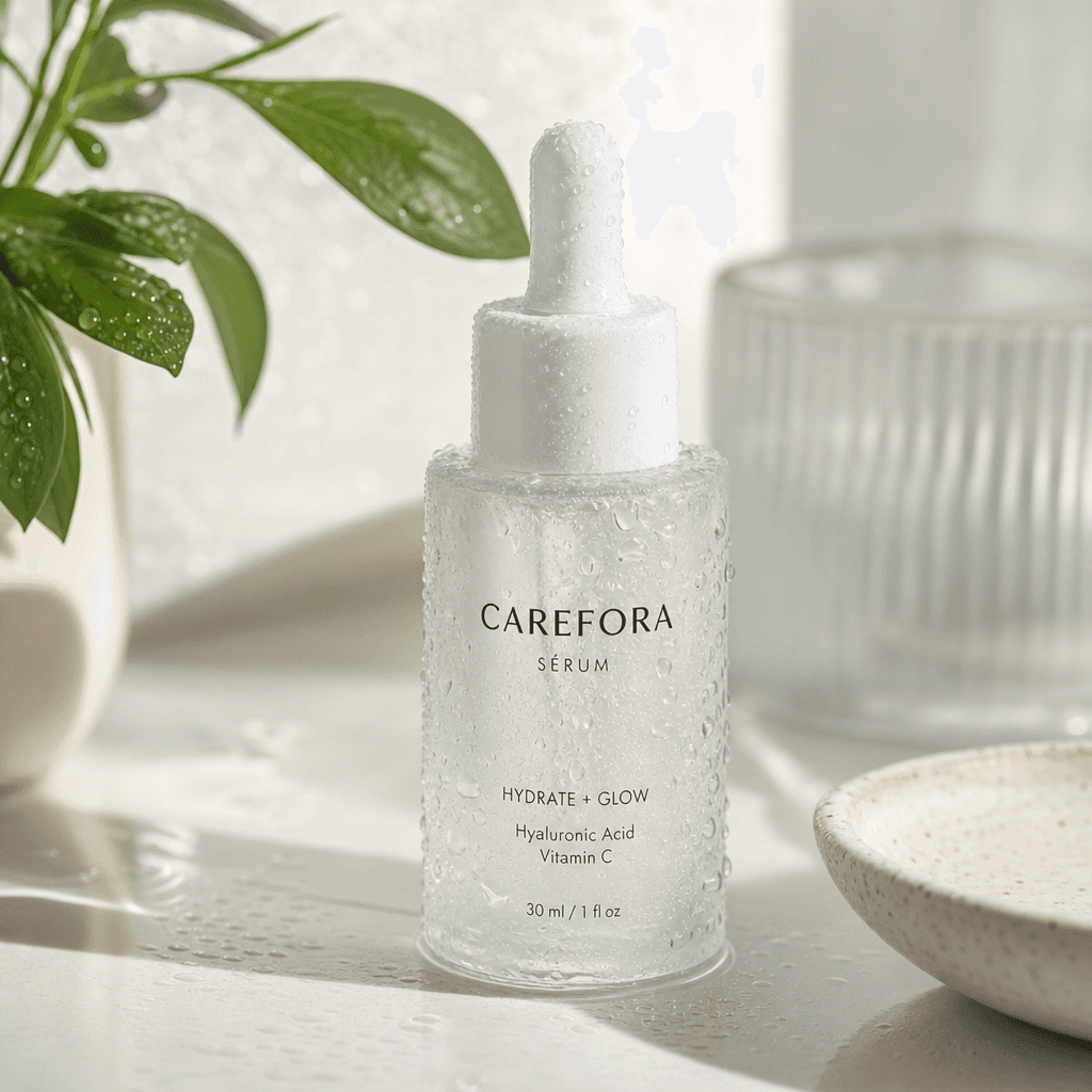 Skincare serum bottle with natural morning light, water droplets glistening on surface, fresh routine aesthetic, profess
