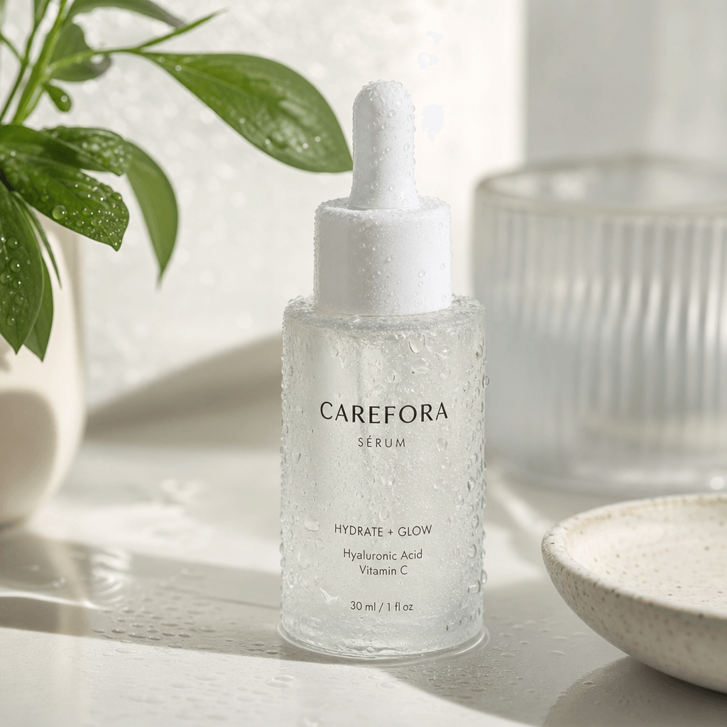 Skincare serum bottle with natural morning light, water droplets glistening on surface, fresh routine aesthetic, profess