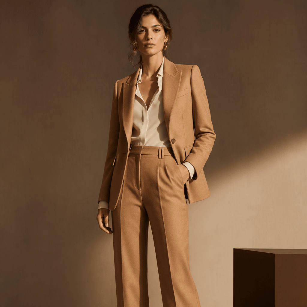 Professional business fashion: tailored camel wool blazer and high-waisted trousers, confident upright pose on neutral s