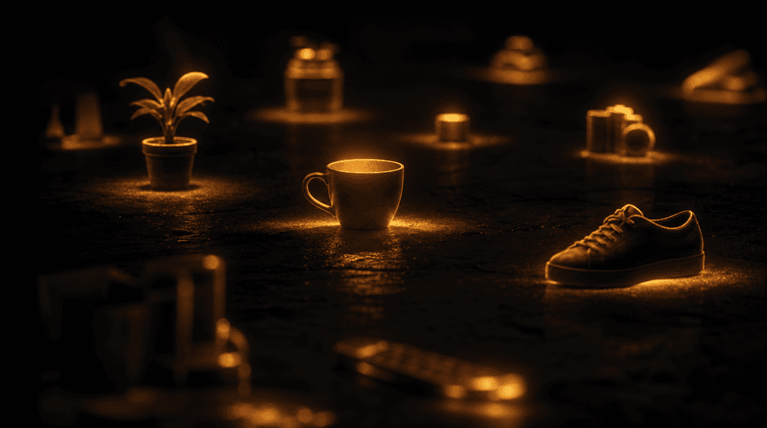 Abstract cinematic macro scene on a deep dark surface where multiple everyday object silhouettes — a cup, a shoe, a smal