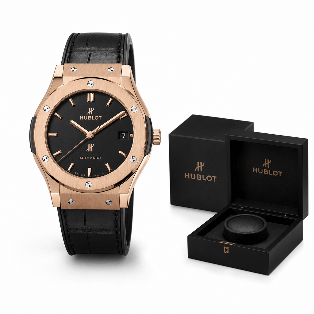 Professional product packshot. Premium luxury watch positioned center-left on clean white background. Fine packaging vis