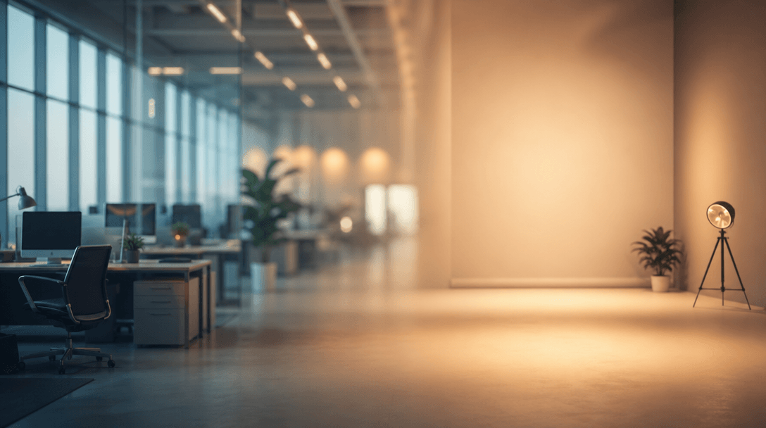 Abstract smooth transition from corporate office environment blurring into clean minimalist studio. Cinematic color grad