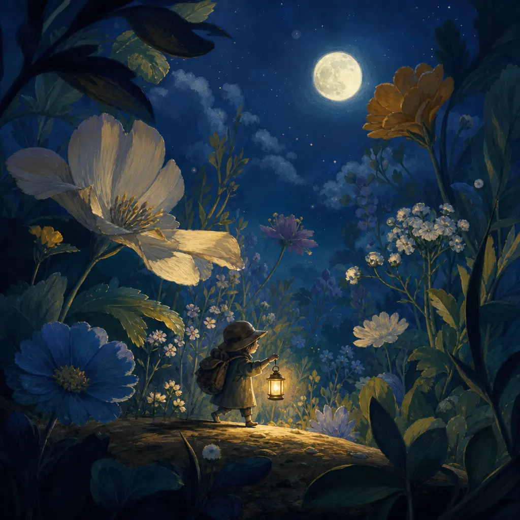 A lyrical children's-book illustration of a tiny lantern-bearing traveler crossing an enormous moonlit garden, layered f