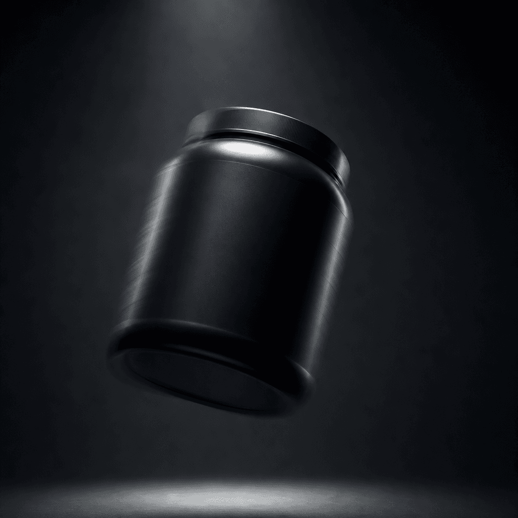 Studio product shot: a sleek matte-black supplement canister frozen mid-arc through the air against deep charcoal. Drama